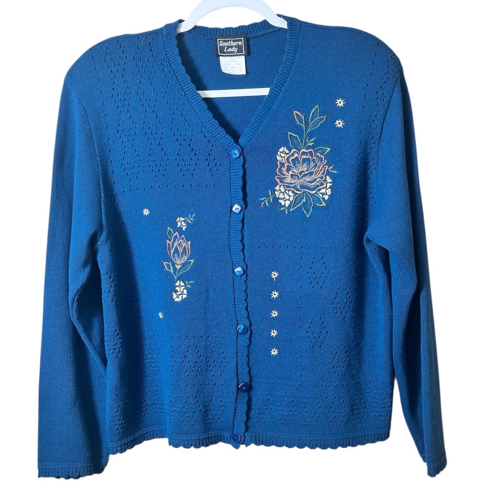 Vintage Southern Lady Blue Floral Embroidered Cardigan Large Cottagecore Grandma